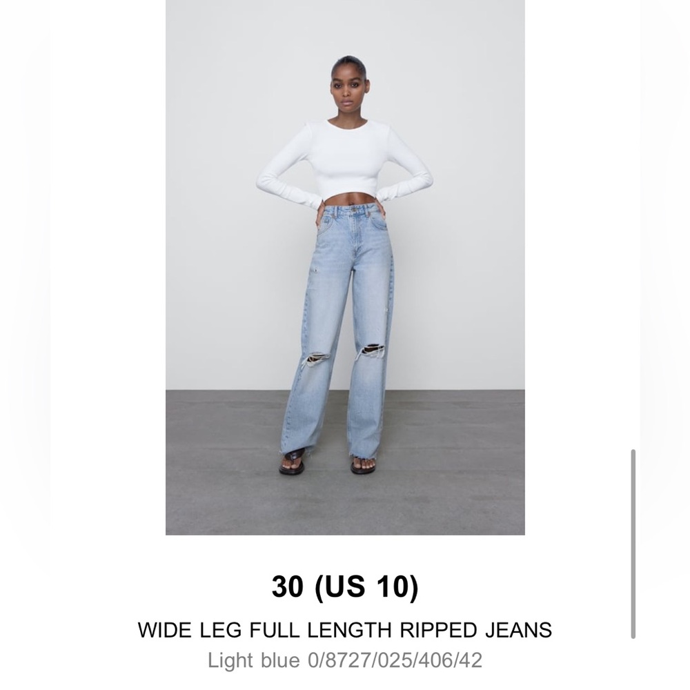 Zara size 10 full length wide leg ripped jeans